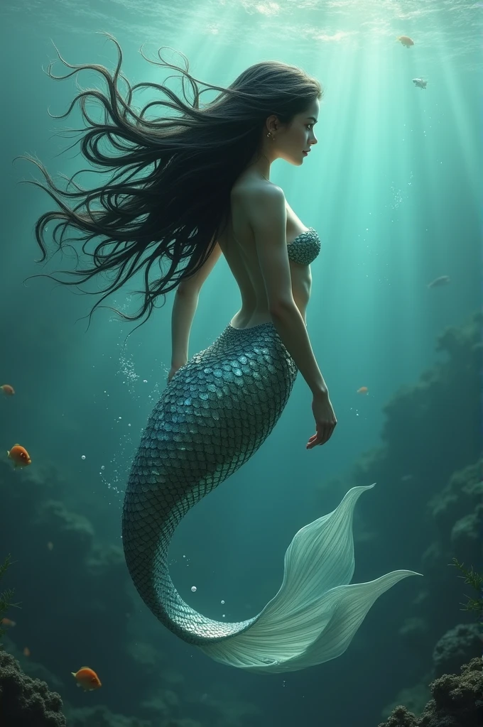 A mermaid in sea black hair