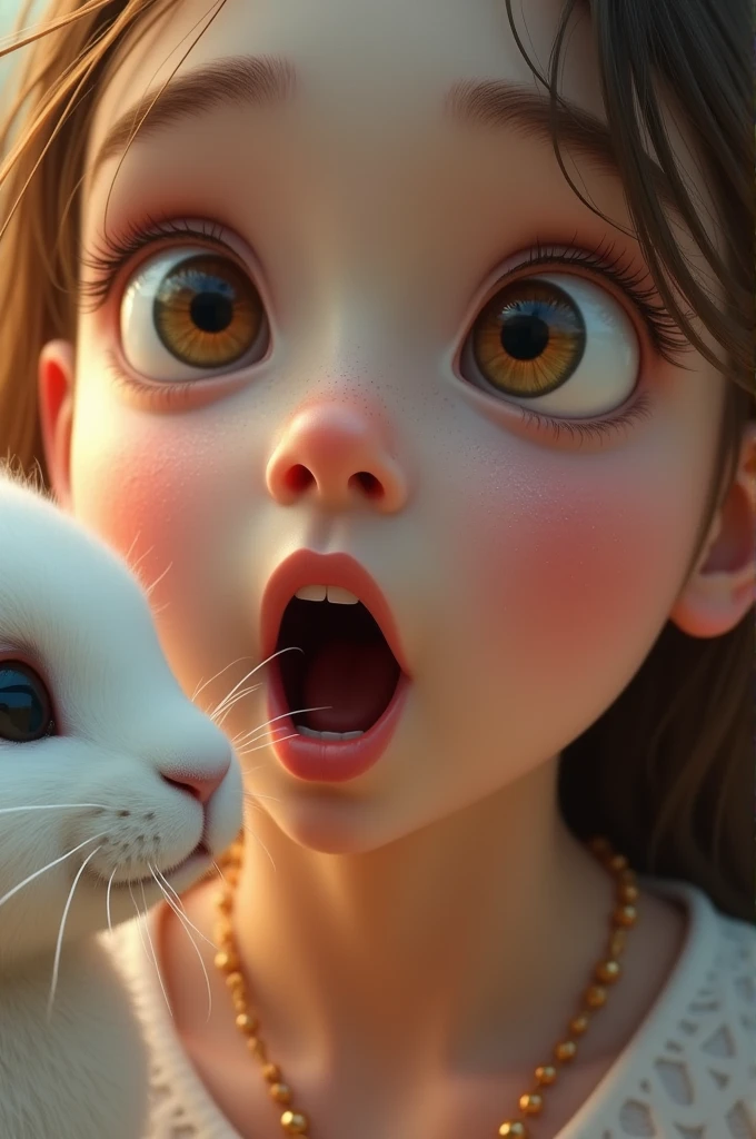 A close-up of Lily’s face, showing her wide eyes and open mouth, clearly amazed and surprised by the rabbit speaking. The rabbit is beside her, looking up with a friendly expression.