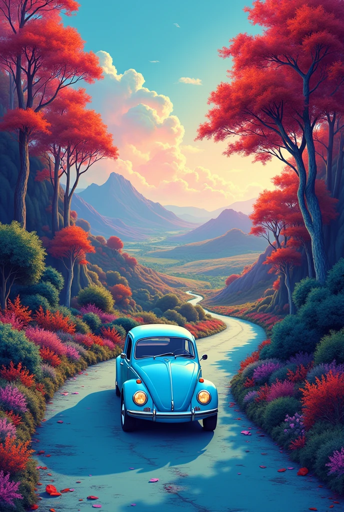 (illustration) 2D, The psychedelic illustration is captured from a high vantage point, showcasing a beautiful vertical landscape with vibrant and intense colors. The road that winds up the fantasy forest with big colorfull trees and then gracefully disappears into the horizon, cutting through wide open fields. The psychedelic sky above is a captivating mix of strong blue, orange, red, pink, and white, with wispy clouds that gently float across the scenery. On the road's surface, there's barely any sign of movement, adding to the serene and natural beauty of the landscape. The light blue classic VW Beetle stands in front view out against the quietness of the surroundings, creating a focal point in the scene. Its contours and details are clearly drawn, emphasizing its modern and comfortable design. The background is a mix of green, red, orange and purple hills, with blue and psychedelic tones, creating a fantasy atmosphere. The road's surface has a light blue texture, adding to the overall aesthetic quality of the image.