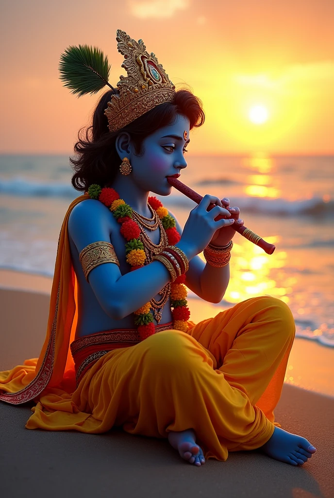 Sunrise at dwarka beach with lord krishna 
