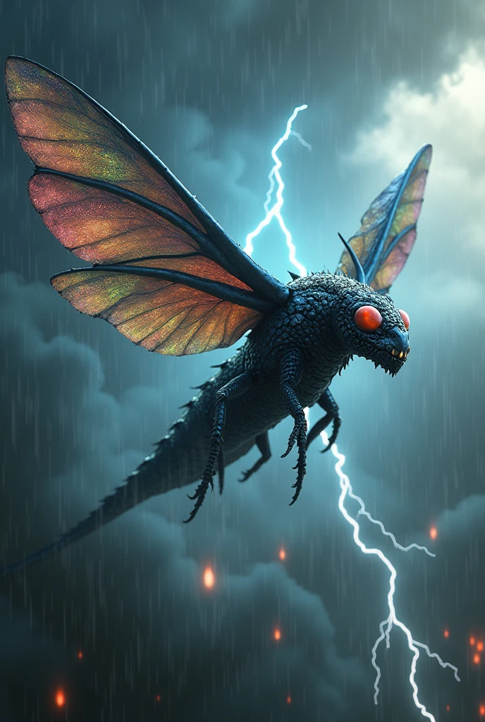 I want a dragonized fly With black and iridescent colors That makes hurricanes with its wings
