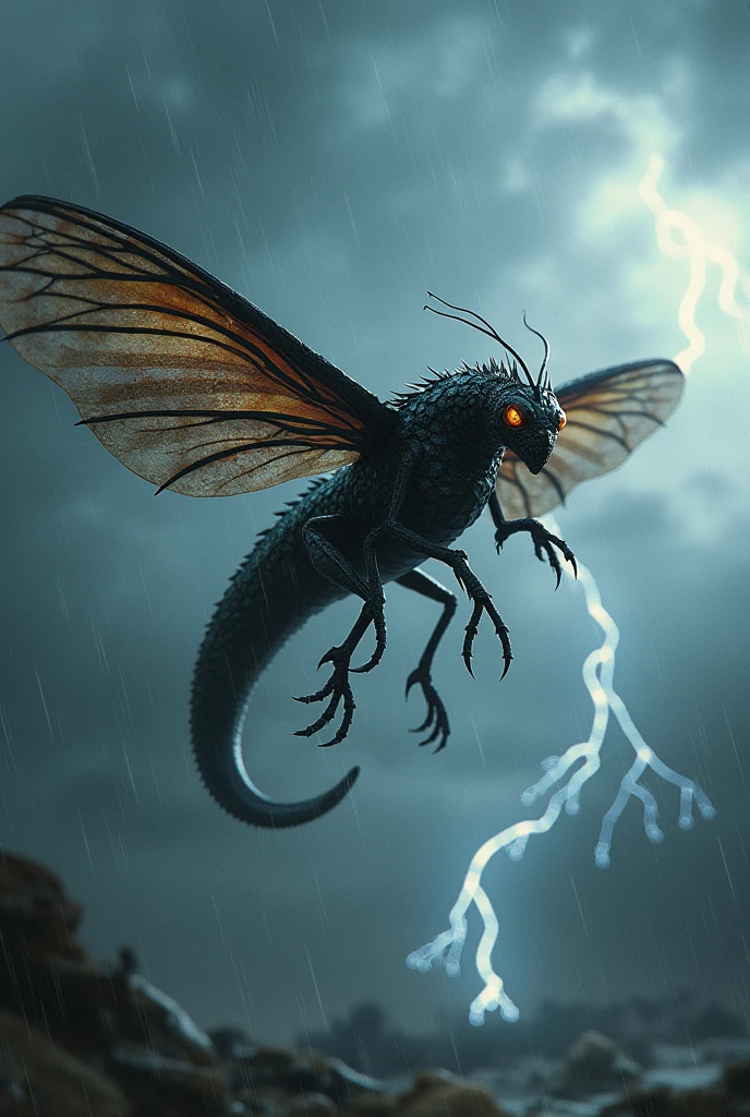 I want a dragonized fly With black and iridescent colors That makes hurricanes with its wings
