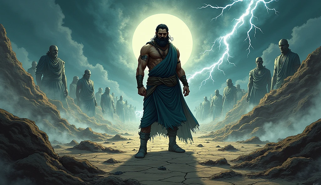 Here’s an image prompt for this powerful conclusion:

"A comic-style depiction of Shakuni in his final moments, reflecting on the devastating cost of his revenge. Shakuni, still wearing his eye patch, is shown in a moment of introspection, surrounded by the desolate remnants of the Kurukshetra battlefield. His face is etched with sorrow and realization, as the weight of his actions becomes clear. Ghostly, translucent images of the Kuru dynasty members and the warriors who fell in the war surround him, symbolizing the lives lost due to his manipulation. The background features a dark, stormy sky with flashes of lightning, symbolizing the turmoil and destruction he caused. The ground beneath him is cracked and barren, mirroring the ruin in his heart. The overall tone is somber and reflective, with a mix of dark and muted colors that emphasize the tragic end of his story and the moral lesson that vengeance ultimately consumes those who seek it."
