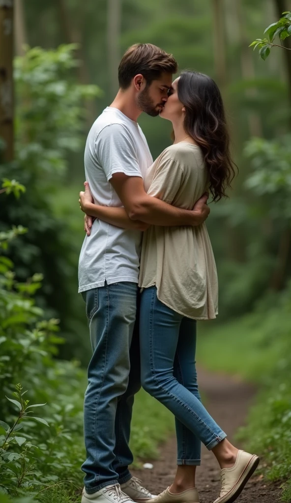 A cinematic medium shot of a man wearing a white t-shirt, jeans, and sneakers and a beautiful woman wearing jeans and a shirt both standing and hugging with tears in the middle of the way. The background is lush with greenery.