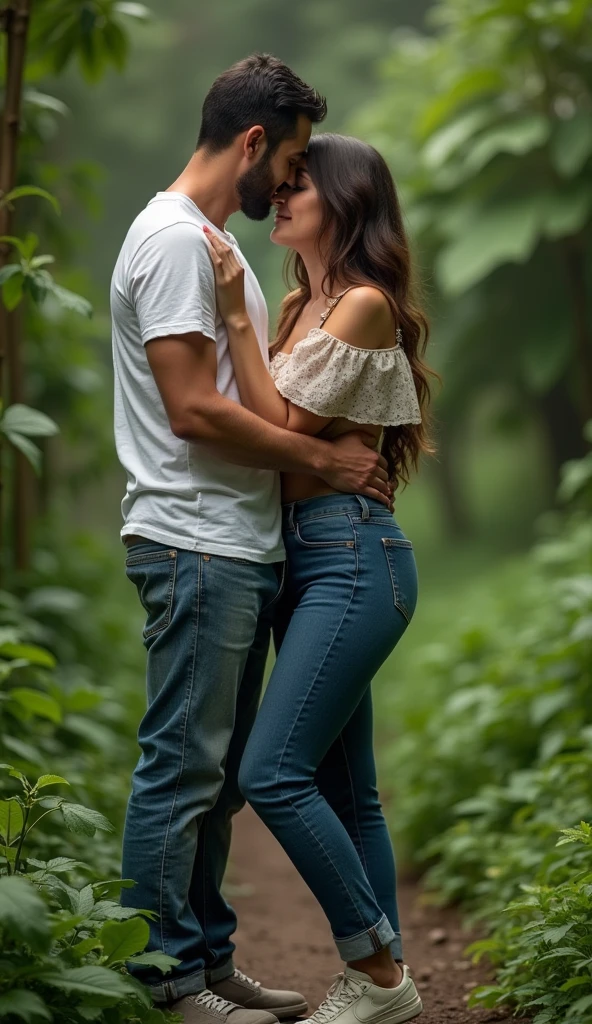 A cinematic medium shot of a man wearing a white t-shirt, jeans, and sneakers and a beautiful woman wearing jeans and a shirt both standing and hugging  with tears in the middle of the way.  The background is lush with greenery.