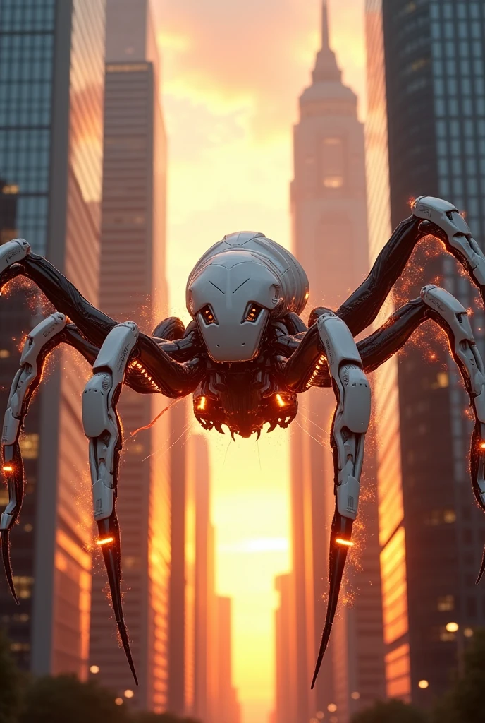 Fire spider in white glossy cyborg costume standing between sky scrapers at sunset