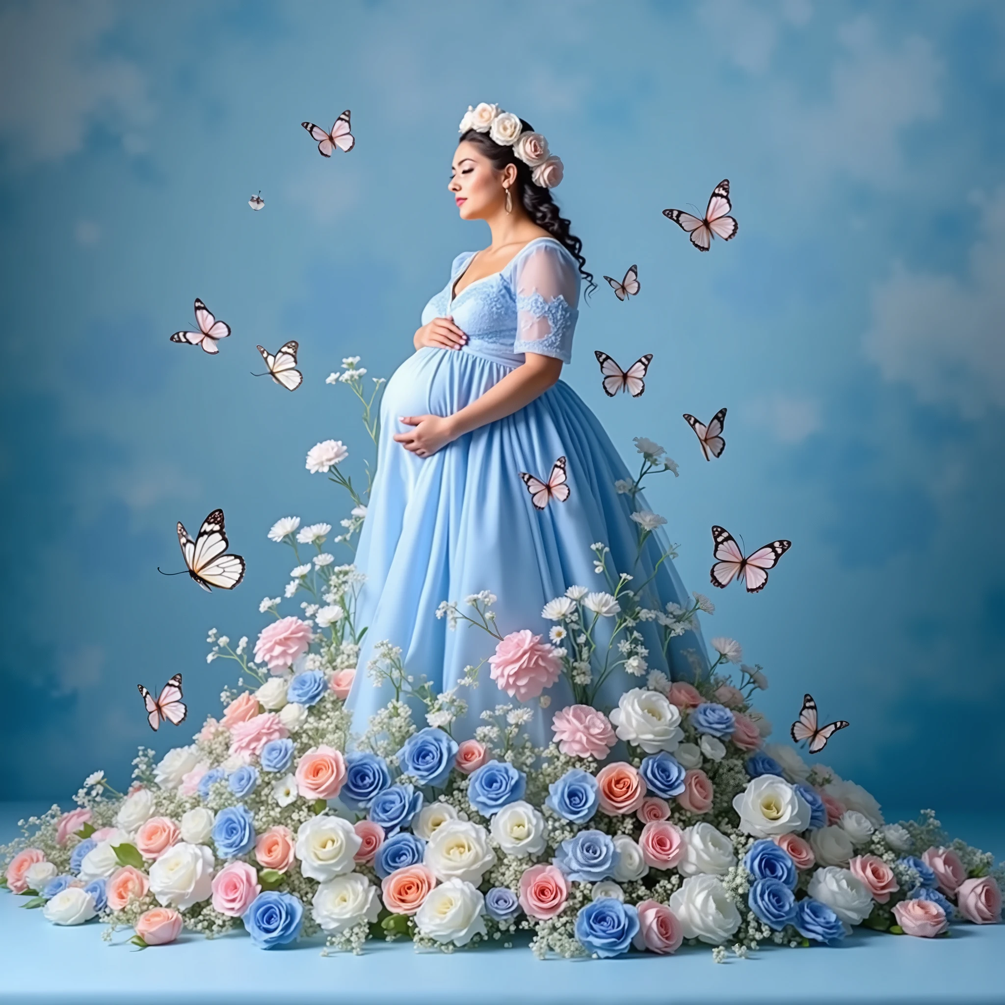 pregnant woman in a blue gown surrounded by flowers and butterflies, an album cover by Willie Ito, shutterstock contest winner, rococo, queen of flowers, official artwork, maternal photography 4 k, cover shot, promo image, flower queen, real photoshoot queen of oceans, with a blue background, portrait of queen of dreams, alternate album cover, promo shot, promo photo