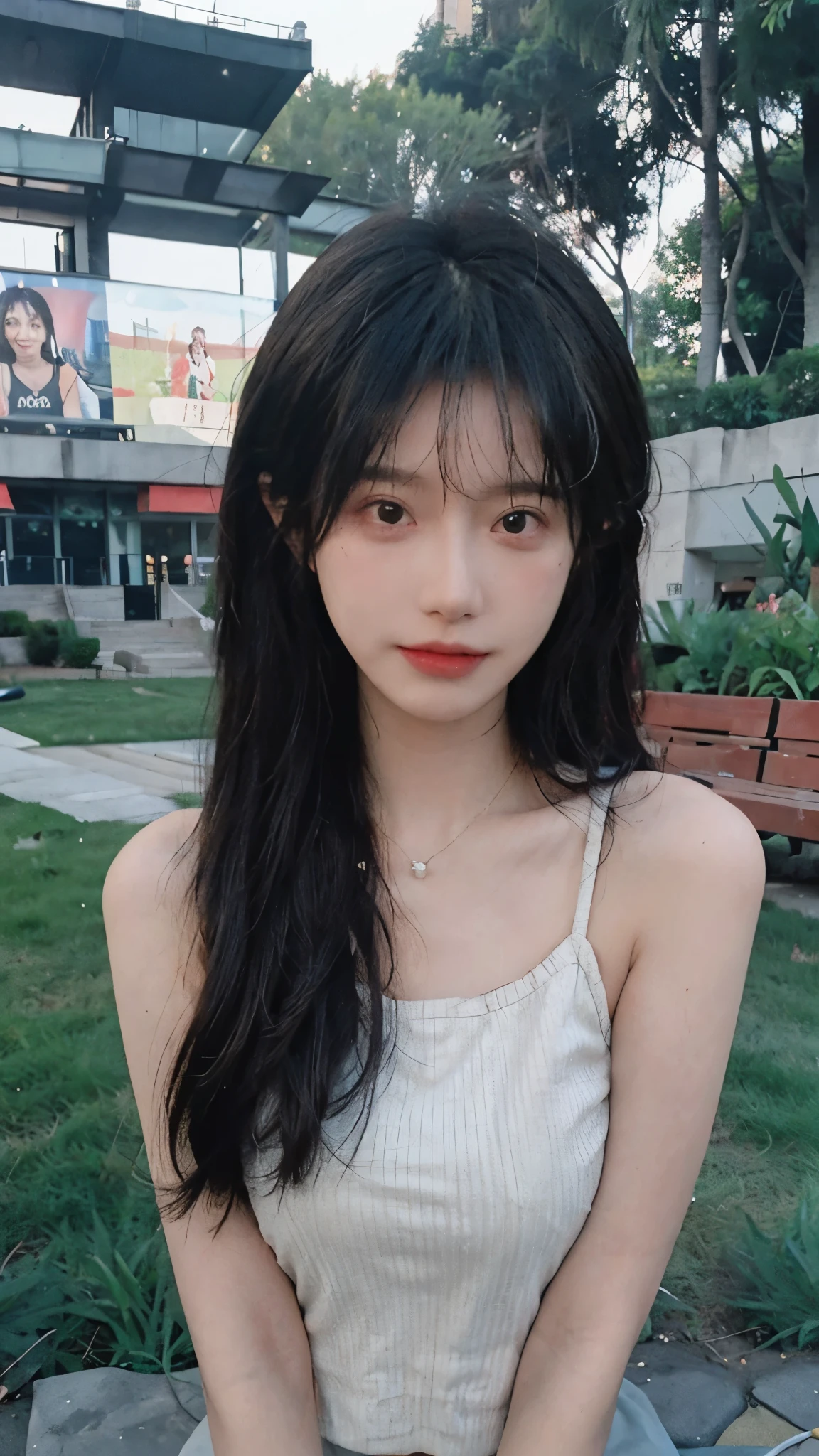 Best quality,Ultra-high resolution,Cute hairpins,(Reality:1.4),Cute hairpins,girll,Black cropped top,Look directly at the audience,Full of atmosphere,Beautiful woman with a slim figure:1.4,lawn,whole body,Super delicate face,Exquisite eyes,Double eyelids,necklace,Black wearing mask,