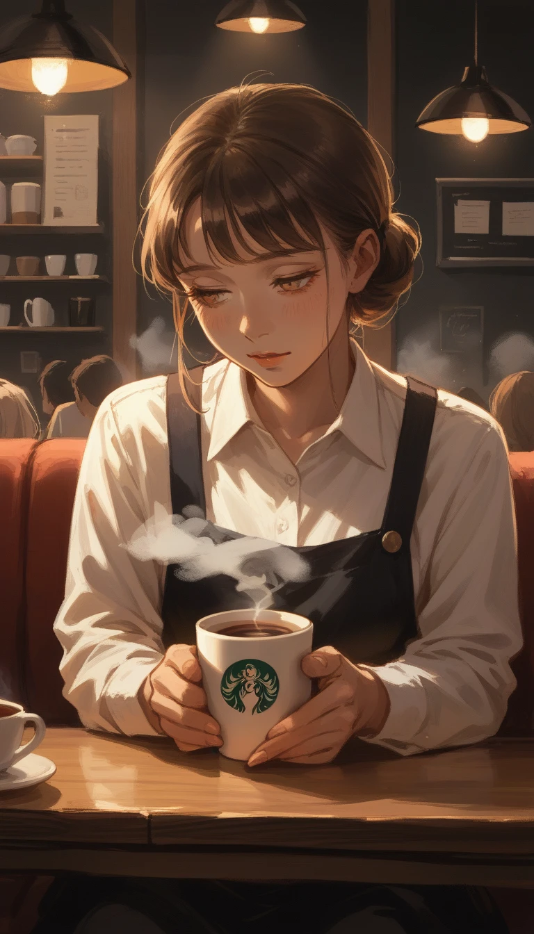 A close-up scene of a person handing a cup of coffee to another person. The coffee cup is beautifully detailed, with steam rising from it. The hands are gently touching, and both individuals have kind expressions. The background is a café setting, with soft, warm lighting.