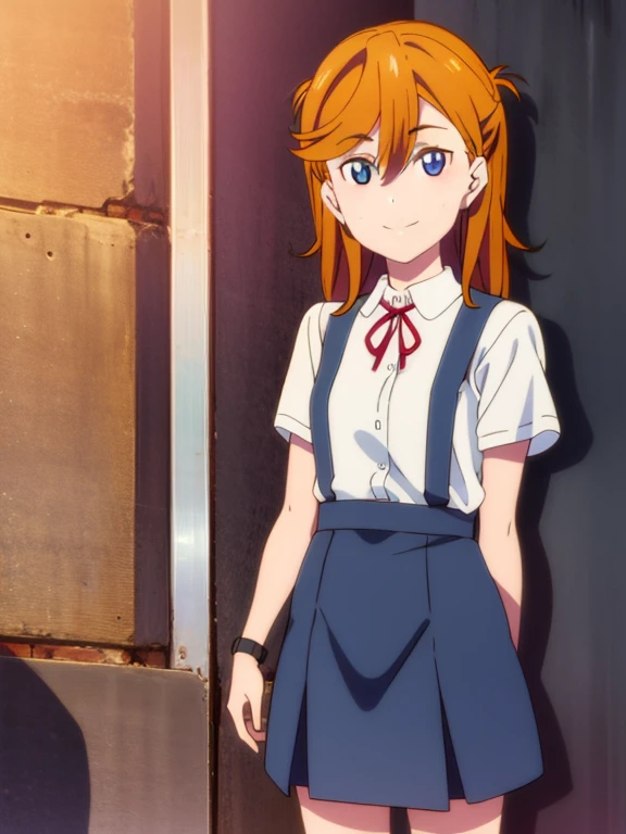 asukalangley, asuka langley soryu, (souryuu asuka langley:1.2), long hair, bangs, blue eyes, brown hair, hair ornament,
BREAK skirt, shirt, ribbon, , white shirt, short sleeves, blue skirt, suspenders, watch, suspender skirt, wristwatch, tokyo-3 middle ,
indoor,(((shadow)))
BREAK looking at viewer, (cowboy shot:1.5),,smile,
