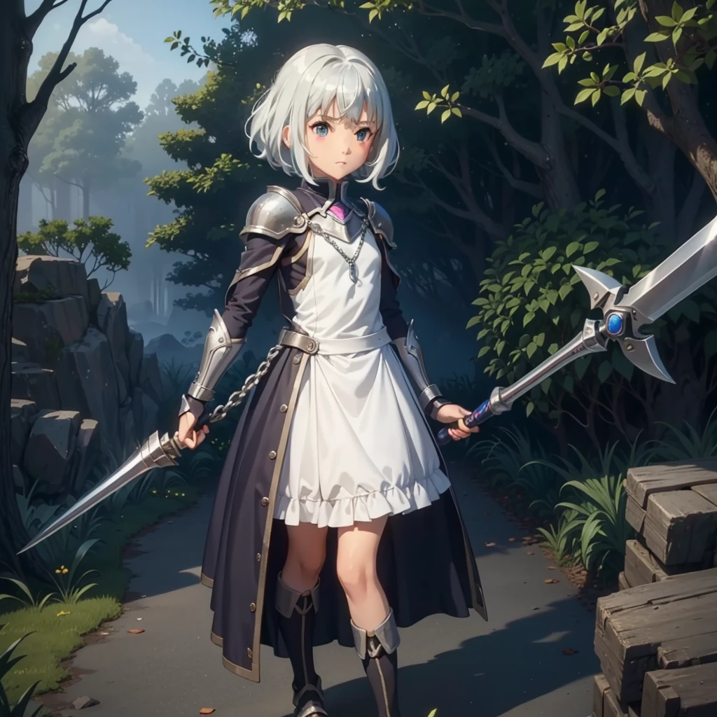 最high quality、high quality、Simple Cloth Armor、１０Year-old girl adventurer、Equipped with a weapon that has a short chain at the end of a stick and a spiked iron ball at the end of the chain、In a dark maze