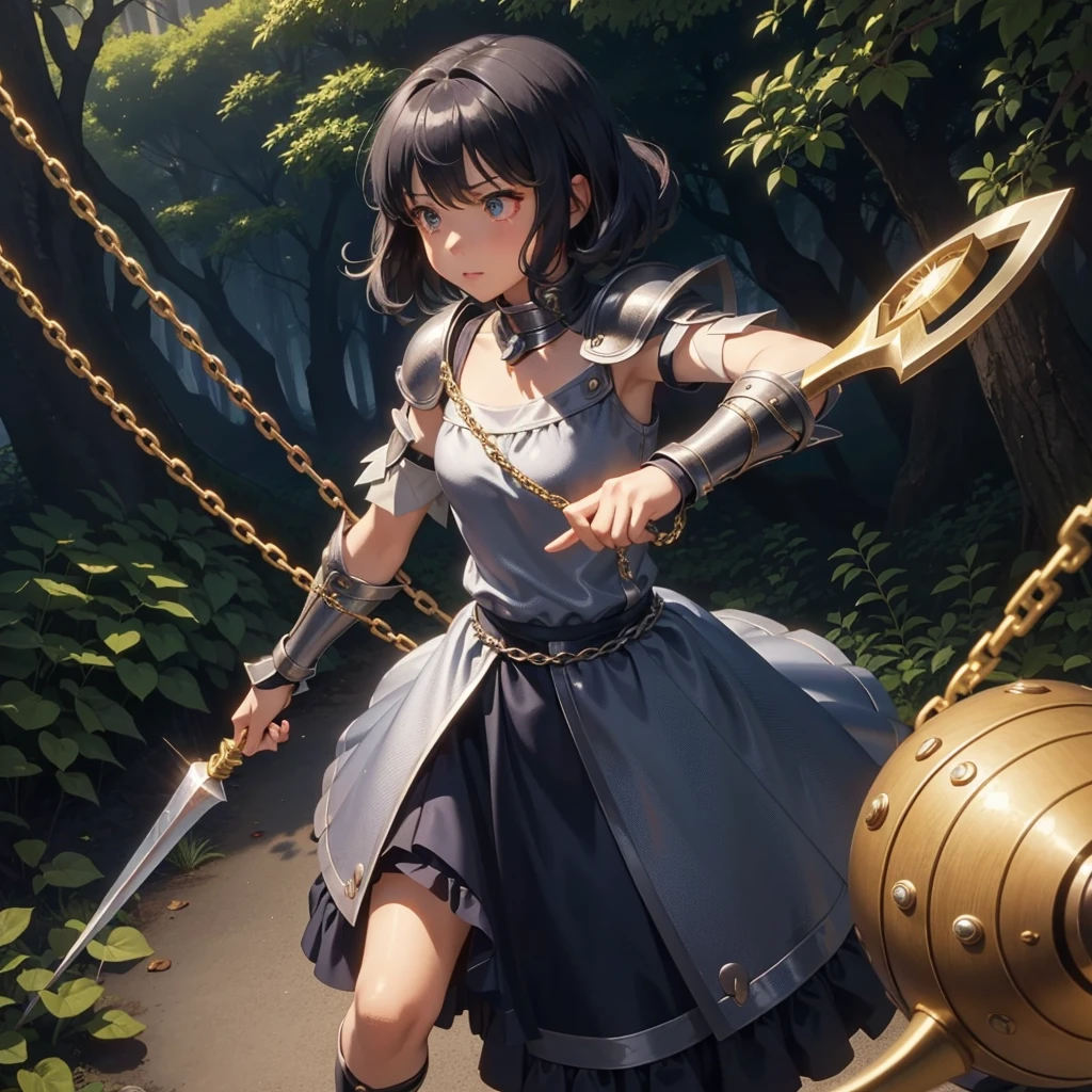 最high quality、high quality、Simple Cloth Armor、１０Year-old girl adventurer、Equipped with a weapon that has a short chain at the end of a stick and a spiked iron ball at the end of the chain、In a dark maze