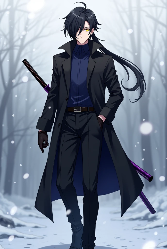 A male anime-style character with long, short hair covering the left side of his eye a little and with a slightly large ponytail., with big yellow eyes, with black cold weather blouse with dark blue shirt, black pants and black men&#39;s boots, with black gloves, and with a purple sheathed Katana on his back.