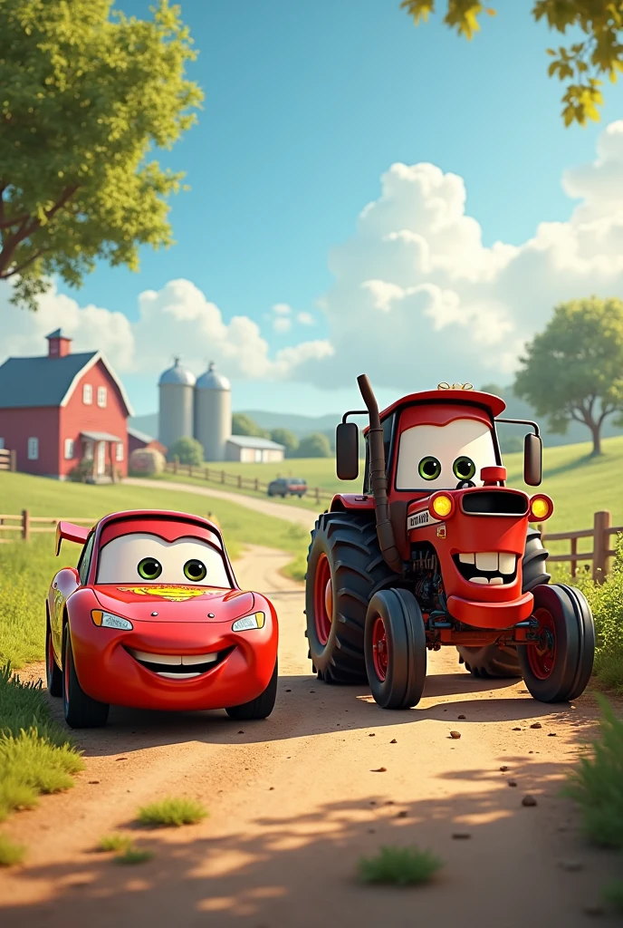 a smiling car and a tractor greeting each other on a dirt road, with a farm in the background.