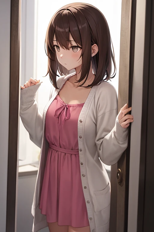 Draw a picture of a brown-haired girl, wearing a pink dress, with a white cardigan on top, was in the house and looked a bit gloomy because of the long wait.
