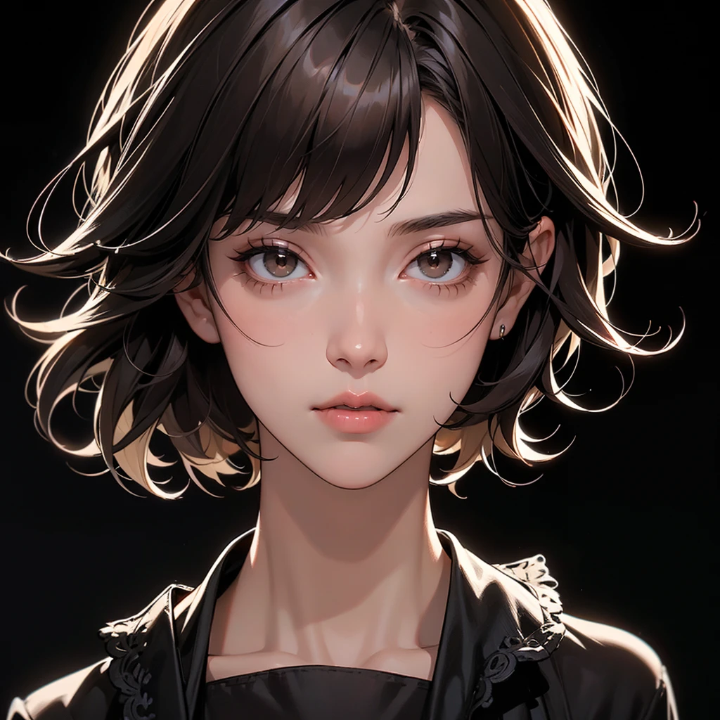 (((black background))), best quality, solo, 1 woman,portrate,ninjya,bangs,looking at viewer,short hair,brown hair,pretty woman,masterpiece, intricate details, tonemapping, sharp focus, hyper detailed, trending on Artstation,