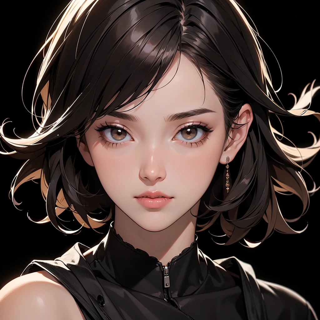 (((black background))), best quality, solo, 1 woman,portrate,ninjya,bangs,looking at viewer,short hair,brown hair,pretty woman,masterpiece, intricate details, tonemapping, sharp focus, hyper detailed, trending on Artstation,