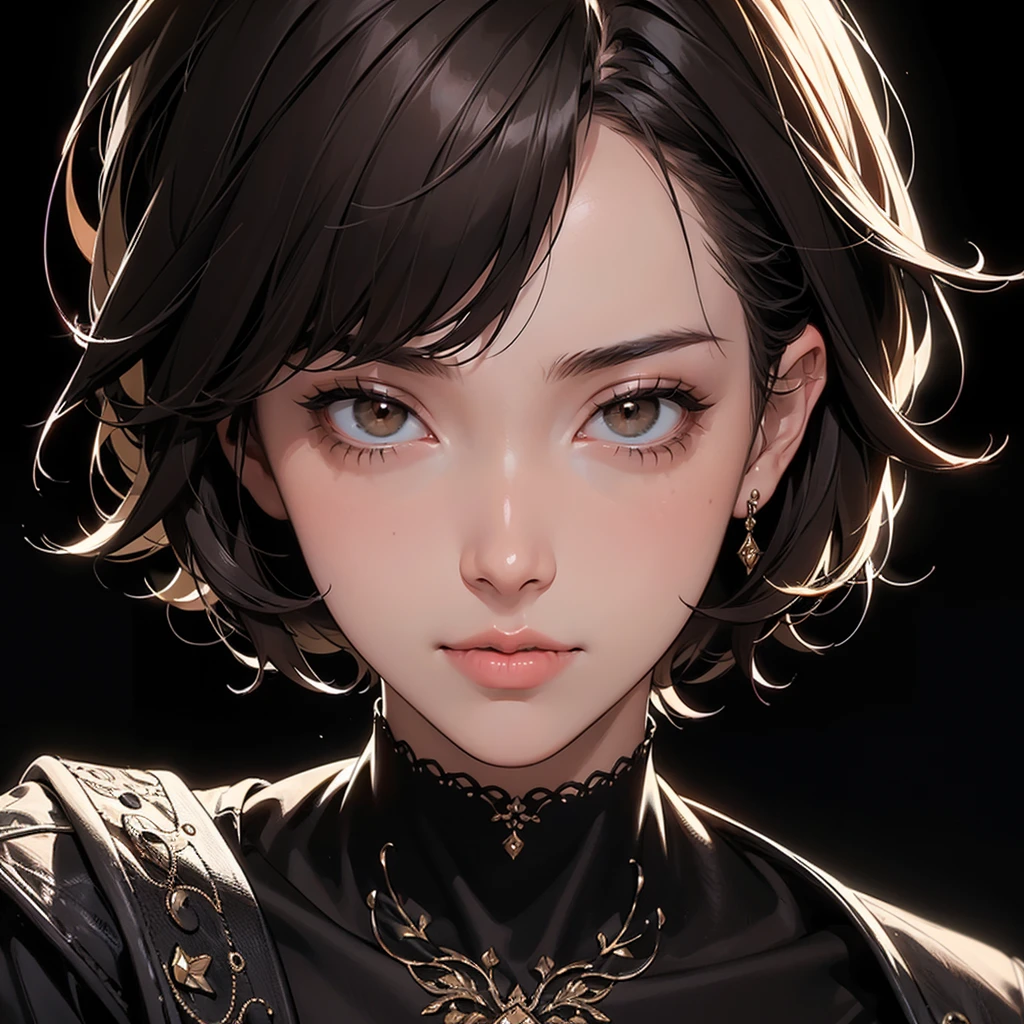 (((black background))), best quality, solo, 1 woman,portrate,ninjya,bangs,looking at viewer,short hair,brown hair,pretty woman,masterpiece, intricate details, tonemapping, sharp focus, hyper detailed, trending on Artstation,