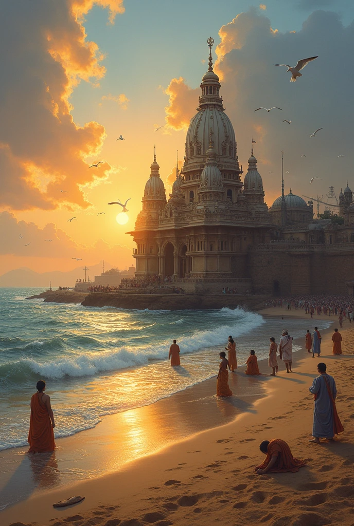 Sunrise at Dwarka Beach with Lord Krishna at Dwarkadhish Temple 
