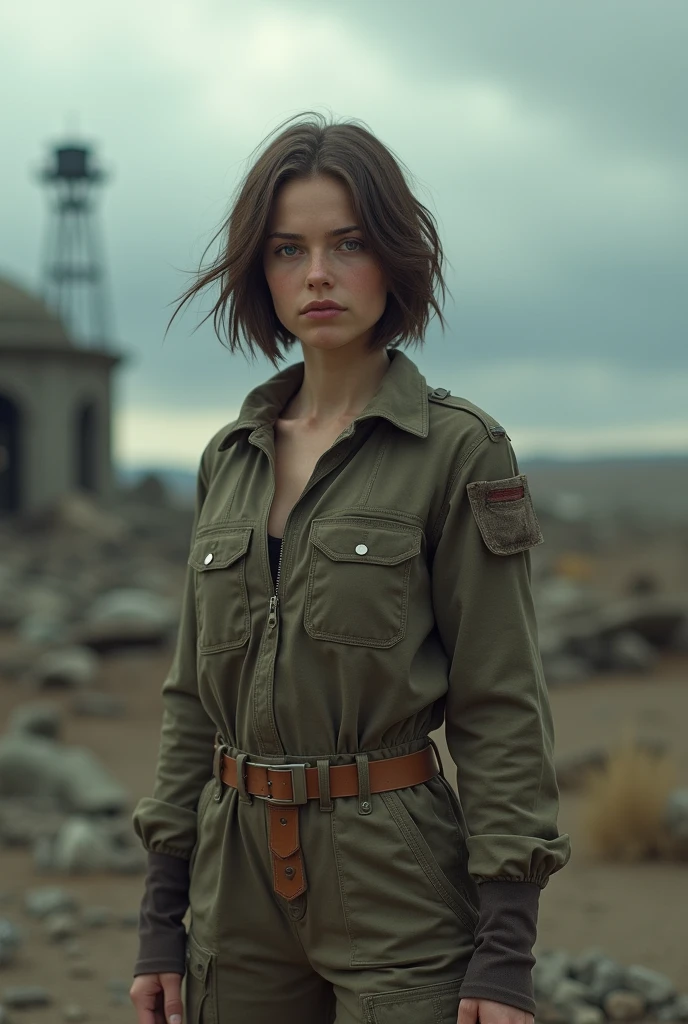 wasteland, Fallout, 1 girl, Vault Dweller, Vault jumpsuit, Brown hair, layered bob haircut, grey eyes, whole body, from below, cinematic angle, Looking down, I look at the viewer, cloudy sky, overcast, depth of field, blurred background, cinematic, cinematic, high budget, (masterpiece), (Best quality), (ultra detailed), very aesthetic, perfect composition, complex parts
