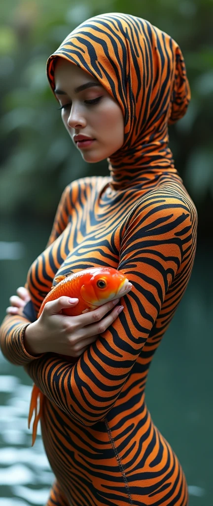 The most beautiful,most slender thin and most clever malaysian muslimah adult feamle person with beautiful cheeks wears zebra print lycra turtleneck unitard catsuit covered with stripes and always wearing zebra print lycra elastane stretchy dancewear hijab covered with stripes.She is hugging a koi fish.