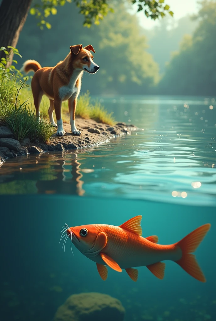 Dog on land and catfish