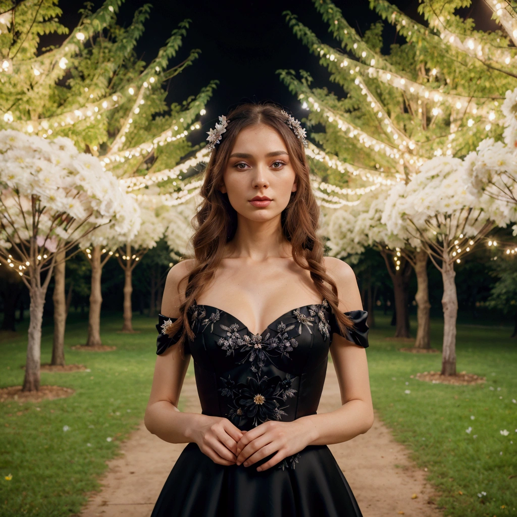 a woman in a black dress standing in a park with trees, anton fadeev 8k, Anna Nikonova aka Newmilky, lady with glowing flowers dress, shiny black dress, fadeev 8k, by Hristofor Zhefarovich, Inspired by Anton Fadeev, jaw dropping beauty, wearing an elegant dress, jaw dropping beauty