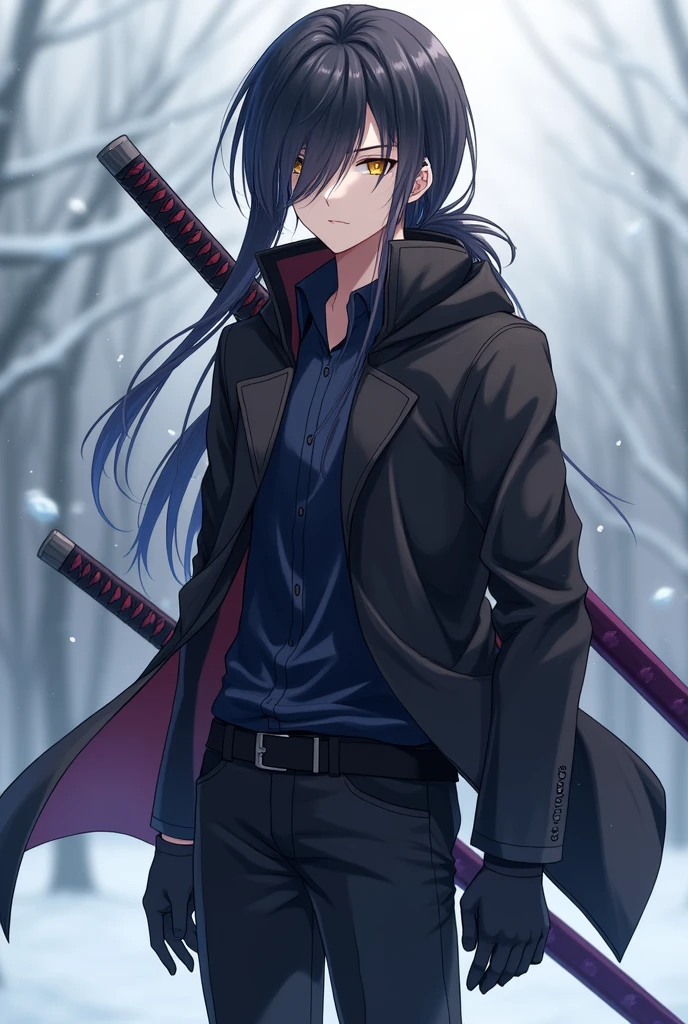 A male anime-style character with long, short hair covering the left side of his eye a little and with a slightly large ponytail., with big yellow eyes, with black cold weather blouse with dark blue shirt, black pants and black men's boots, with black gloves, and with a purple sheathed Katana on his back.