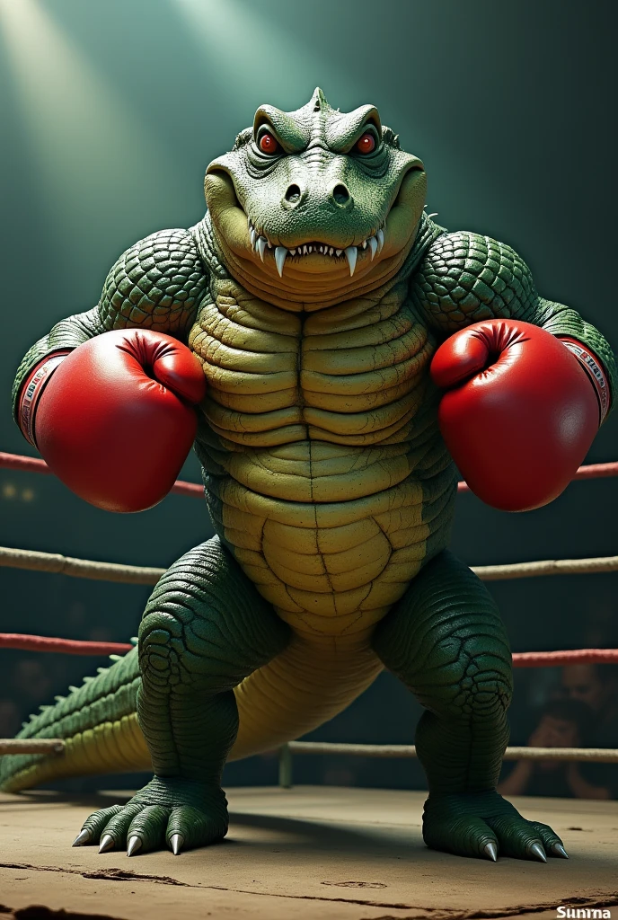 Detailed picture of a confident male villain wrestler anthro, (crocodile, olive green, lean body) squat down on a wrestling ring, trending on Art Station, Ross Tran, ruan jia, foxovh, ((determined expression, gritting teeth, wearing charcall wrestler brief, wearing wrestling protective gear, with a metal chain around he's neck, (((dynamic lighting,))), cartoon