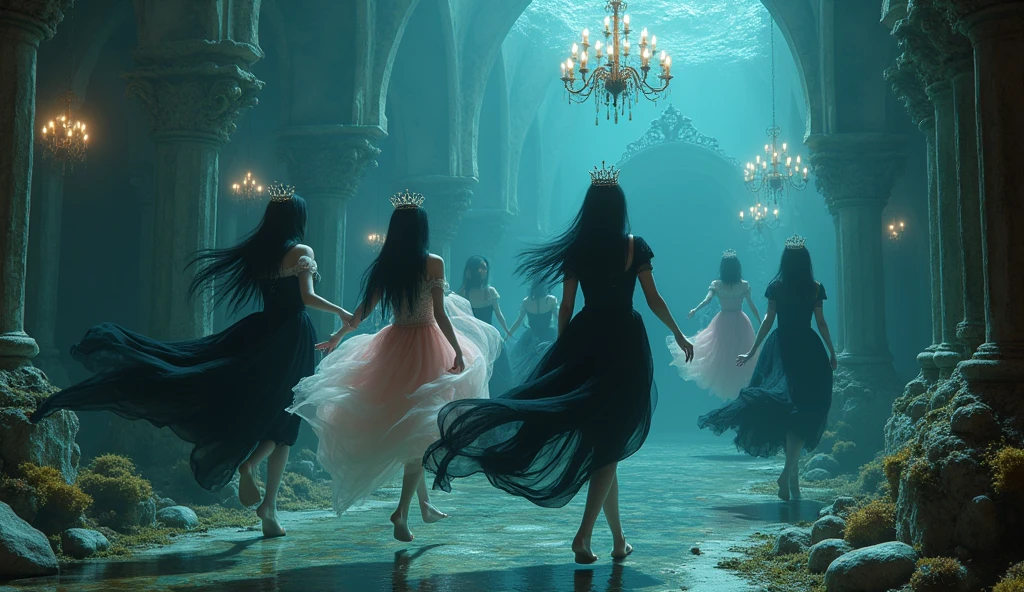"A full-body shot of a (extra wide angle 1:1) in a dark low light deep sea medeval ballroom in an old gothic palace that has gone under the sea. Super-big ballroom. 2 queen twin sisters and their 5 girlfriends swimming arround in the sea. Swimming horizontally, vertically. The queens have a big light-colored eyes, black super-long long hair. Their girl-friends have a long hair. Their wering black dresses. Pink and gold dresses. Dresses in many layered lace and torned and wet ( perfect hands, five fingers on each hand.) Small breasts cleavage, (hyper realistic perfect eyes 1:1). White perfect skin. Queens surrounded by Perished under-water palace 1:1 Wearing a layered black and white ballroom dresses with lace and shiffon. On the bottom of the sea are golden crowns, adorned with pink crystals 1:1. Bright colourd fishes swimming arround. Cancers. Corals. seamoss. Octopus. The scene a beautiful empresses swimming ghoasts, their long hair flowing all around. Sad. (Best Quality Detailed faces)1:1. A medieval fairytale vibe, with a big black intricate throne in a corner with seamoss on it, a broken medeval chandelier with few broken candles hanging from the ceiling. In a fantastic scene that uses 3D Surreal 3D model. Crystal wine glasses—one tipped over and broken on the bottom. The entire setup is Best Quality, masterpiece 1:1, capturing the essence of a beautiful and happy girls, fantastical gothic setting, Dark deep sea Low lighting under neath, framed with the grandeur of medieval gothic style. (8K).