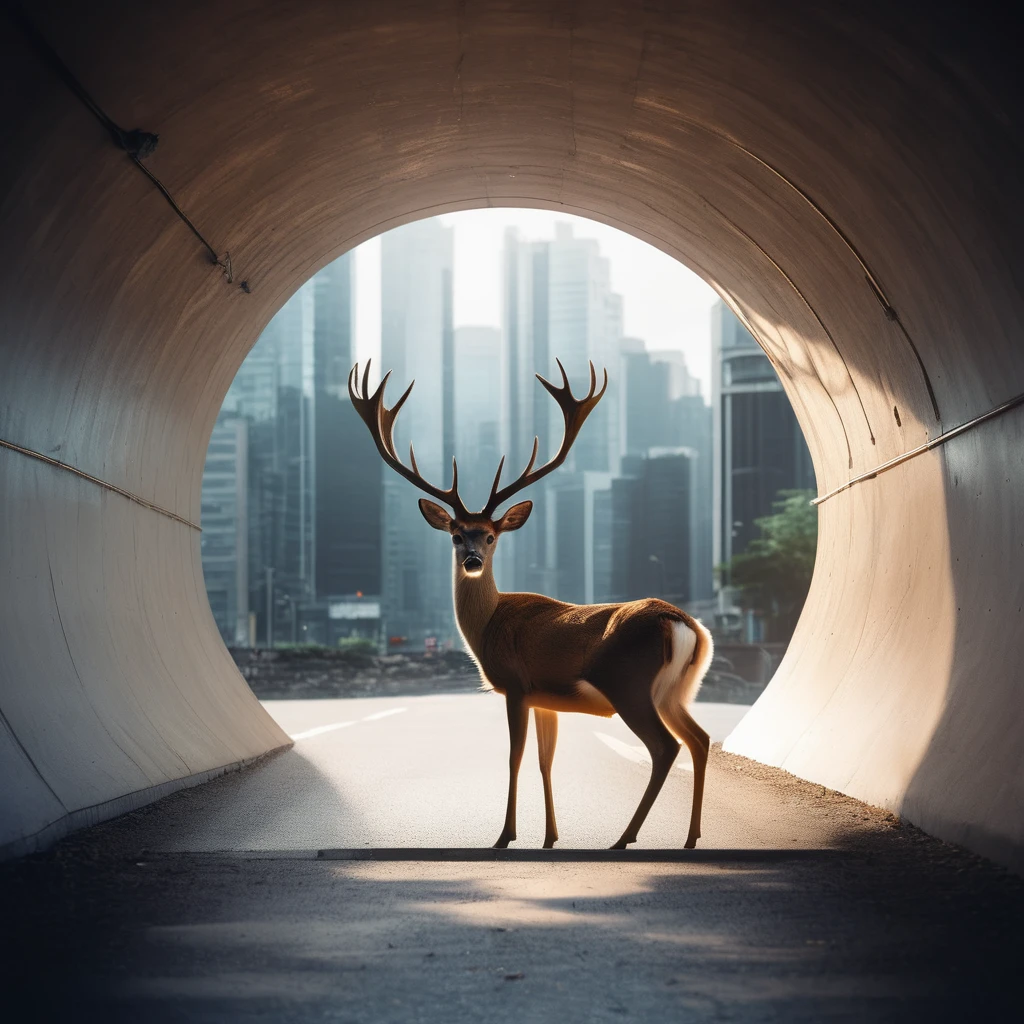 A deer inside of tunnel as A portal see building of city