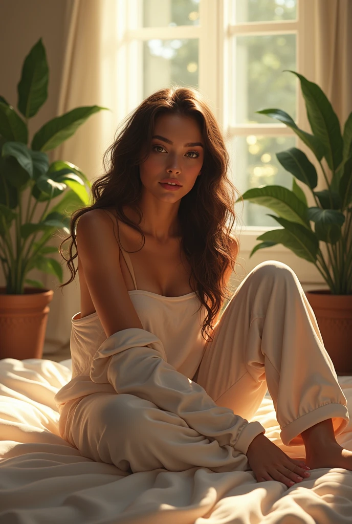 beautiful woman, sitting on bed, wearing loose off-shoulder top, pajama pants, long curly hair, indoors, soft lighting, plants in background, window with sunlight, cozy room, relaxed pose, realistic, intricate details, warm colors