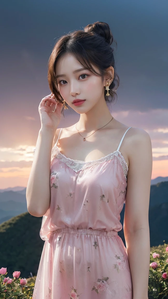 (Canon RF85mm f/1.2,best quality,HDR,Realisticity:1.4,(realistic light and shadow):1.5,Cinematic Lighting),1 girl/((korean mixed,kpop idol,beautiful long_Slender_legs),(hair bun),(lipstick,pink lips,pink_shiny_lips,pink_eyeshadow,eyelashes,powder_blusher,make-up),(white_shiny_skin,black eyes,Pore,skin texture,shiny),(necklace,earrings,bracelet,floral_tattoo on arm),big breasts),smile,dynamic angle,Dynamic pose,((A dramatic sunset over a mountain range, Vector Illustration, Peony, profound, Goya, A tornado warning with the sky turning green and the winds picking up)),((see-through Nightgown)),