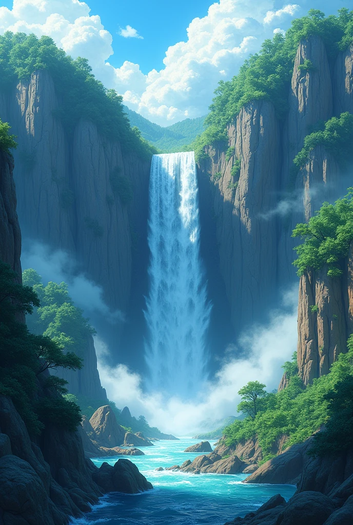 Landscape illusion in anime with  a amazing big waterfall