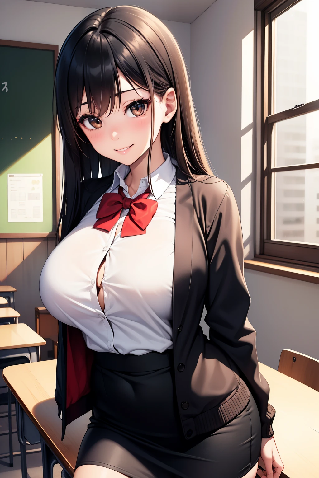 (超High resolution,4K,Very detailed, photograph, 8k, High resolution, High resolution, Absurd:1.2),One 1 Japanese woman,expensive,Long black hair,Beautiful character design,Beautifully detailed eye depiction,Perfect Face,Expressive eyes,Brown eyes,Please smile with your teeth showing,(Red bow tie,Black jacket,Open jacket,Brown cardigan,White shirt,Black Skirt,Check skirt),(large ),(See-through bra:0.3),Tight waist,In the classroom,Daytime,Are standing,Cowboy Shot,In front