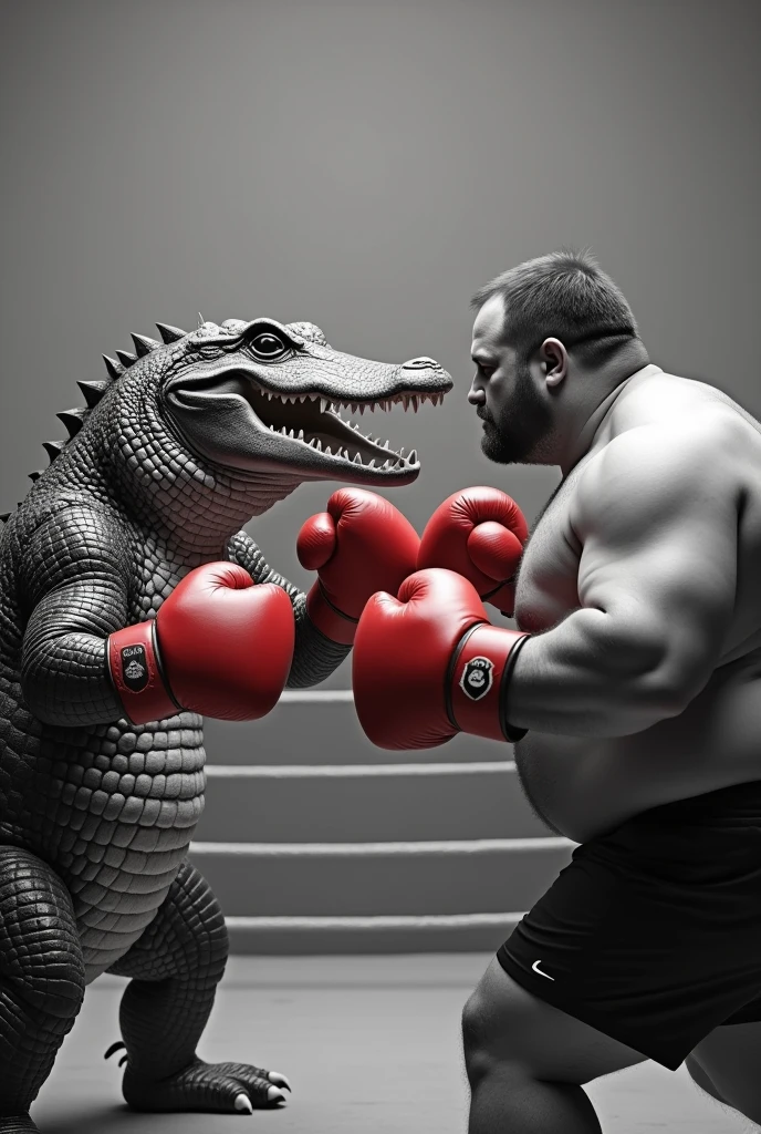 Fat crocodile boxing with red gloves with fat black man boxing with red gloves black and white image