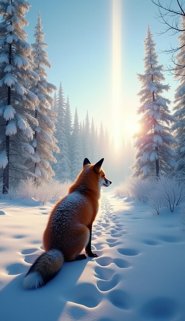 Ultra-realism、masterpiece、Highest quality、Film Grain、RAW Photos、Spectacular views、wallpaper、Frozen morning landscape、Fresh Snow、Fox&#39;s back view、Sun Pillar、Rime on deciduous trees、