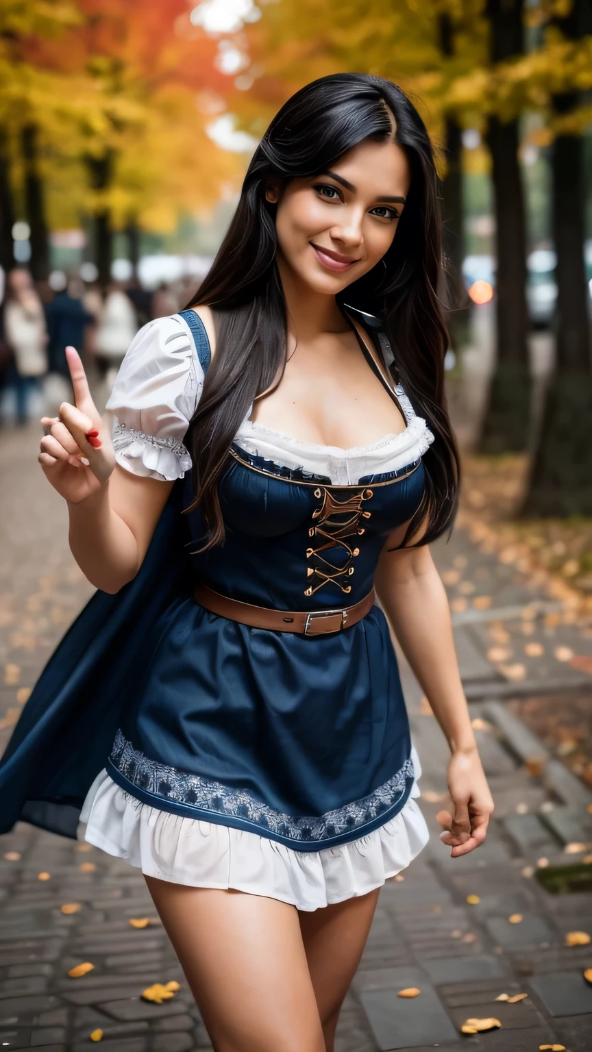 Realistic full body photo of a smiling black-haired woman with long hair, She dances in front of the camera in a dark blue dirndl, Fine fabrics, Park,glamour fotoshooting, Wedding celebration, perfect anatomy, perfect brown eyes. Perfect hands with 5 fingers on each hand, Matching girl, look into the camera, 1 Frau. (Eye make up:1.1), (highly detailed skin:1.1), spirit, analog style, keen focus, 8K  UHD, dslr, good quality, Fujifilm XT3, Grain, Award-winning, ​masterpiece. oktoberfest