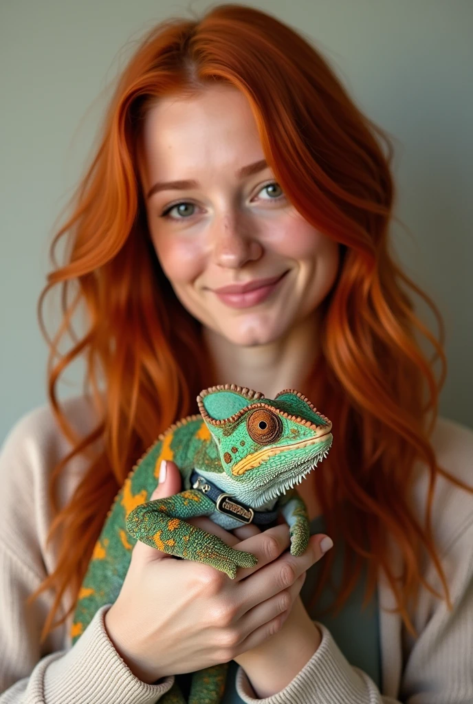 redhead woman holding a chameleon,with the collar written mandy,Actual image 