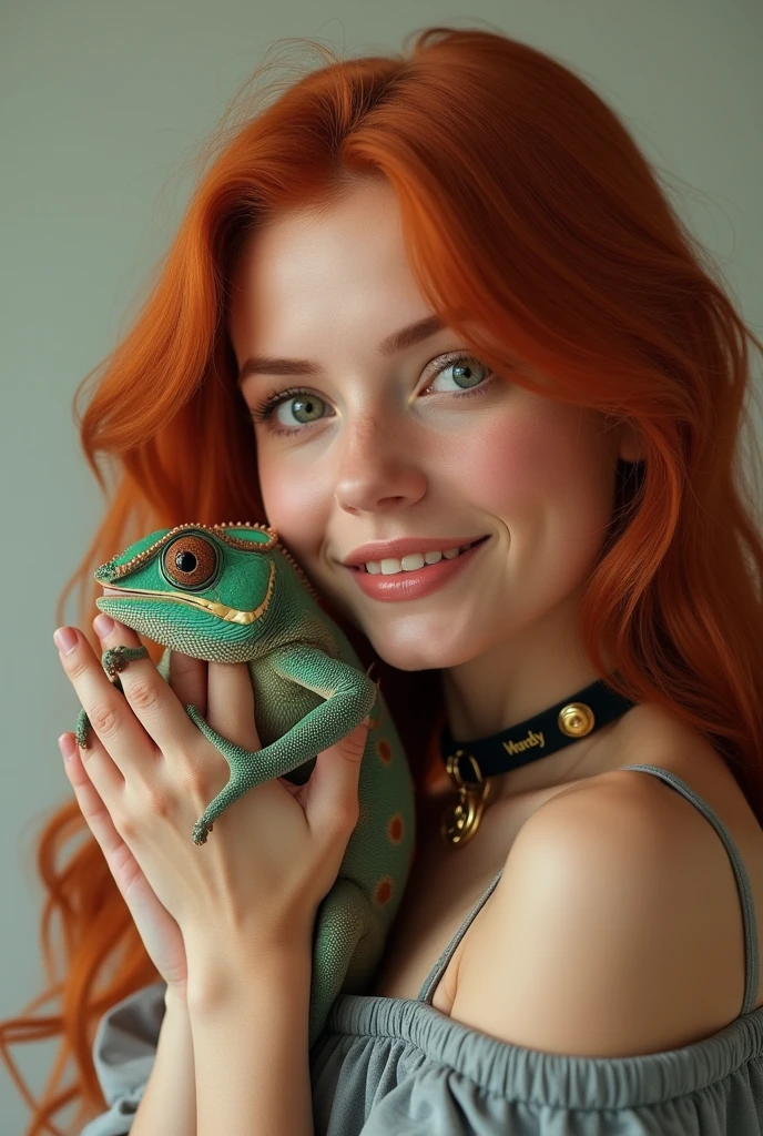 redhead woman holding a chameleon,with the collar written mandy,Actual image