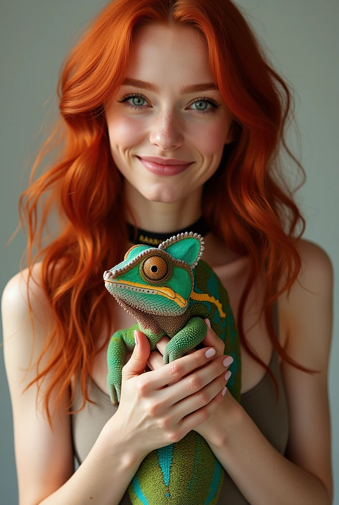 redhead woman holding a chameleon,with the collar written mandy,Actual image 