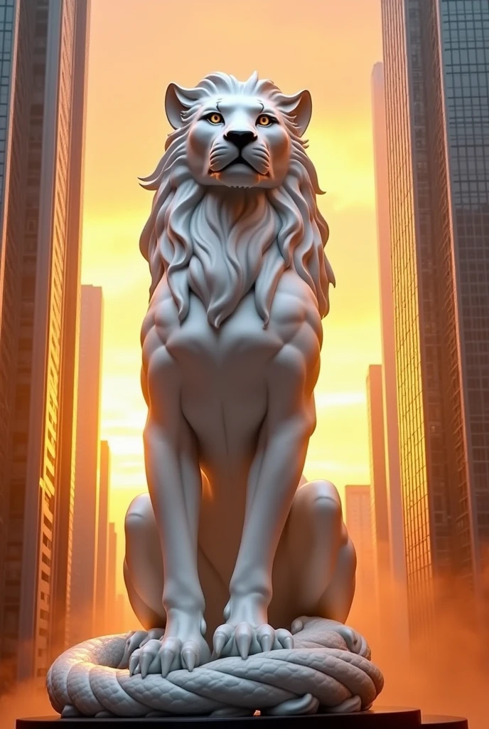 Fire egal in white glossy
standing between sky scrapers at sunset