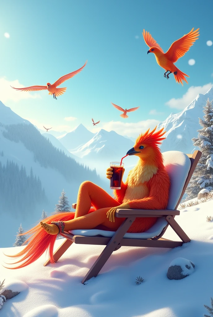 Snow Scenery, Phoenix, Above the snowy mountains, on vacation, sleeping on a beach chair, holding a large glass with your foot, sucking cola through a straw, multiple phoenixes in the background,