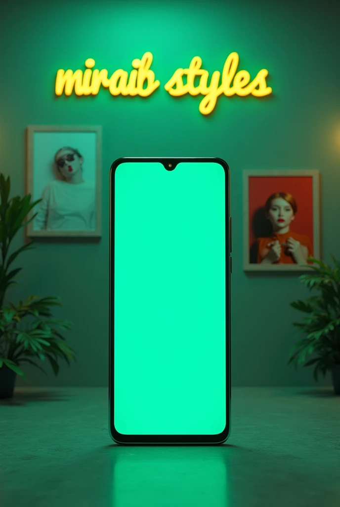 Green Screen large Mobile 
Mobile direction is front side 
In background gray wall written on the wall "Miraib Styles" yellow Neon light 
And pictures is tiktok size