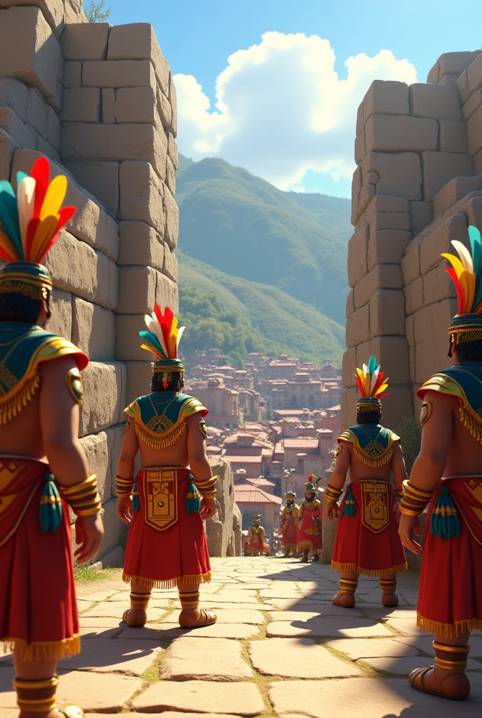 Peruvian Incas in front of Sacsayhuaman Cusco type pixar