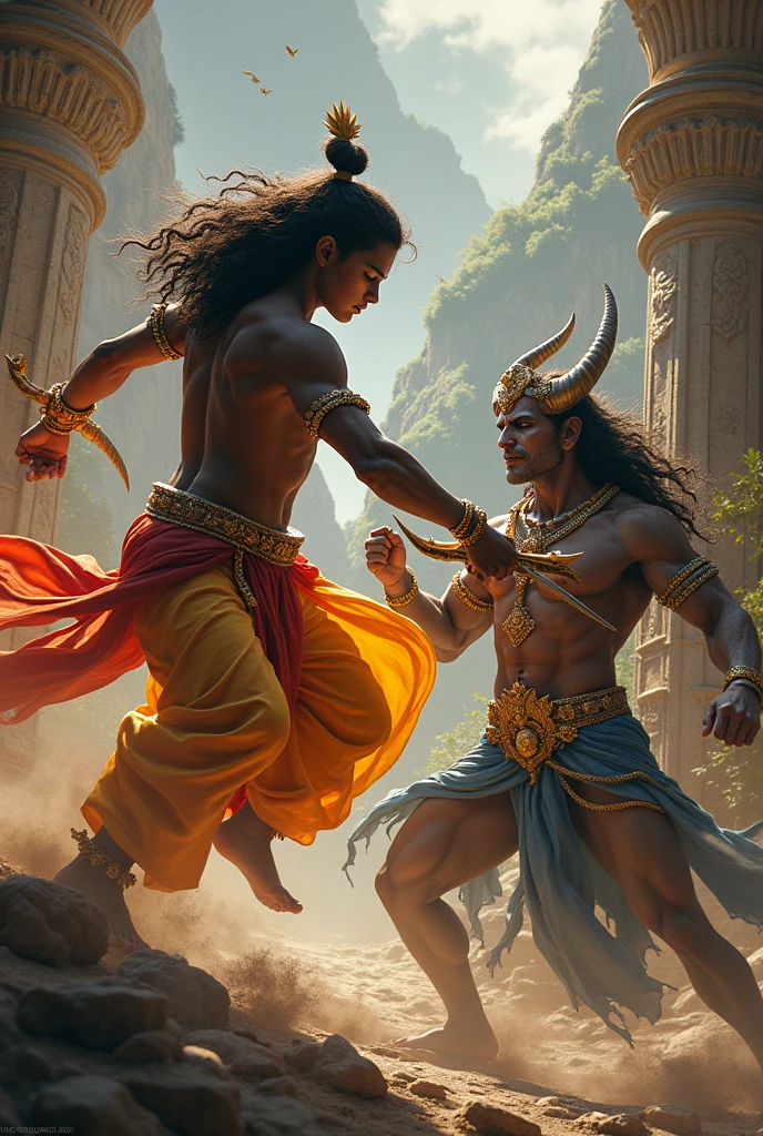 Handsome lord krishna fighting with devil kans