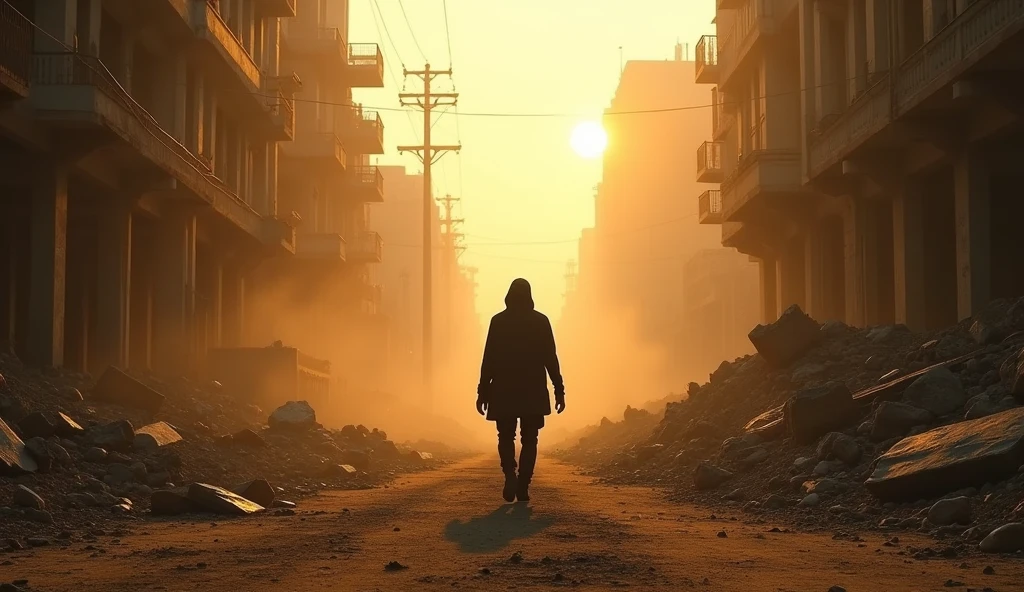 ((best quality)), ((masterpiece)), ((ultra realistic)), majestic intricately detailed soft portfolio photograph, (post apocalyptic ruined rainy city background:1.2),dusty crumbling rubble, desolate, scorching sun, sun set, somber, (backlit:1.3), highres, depth of field, (deep shadows:1.2), high detail, sharp focus, smooth, roughness, real life, backlit, photorealism, photography, cinematic Film still from the void|the walking dead