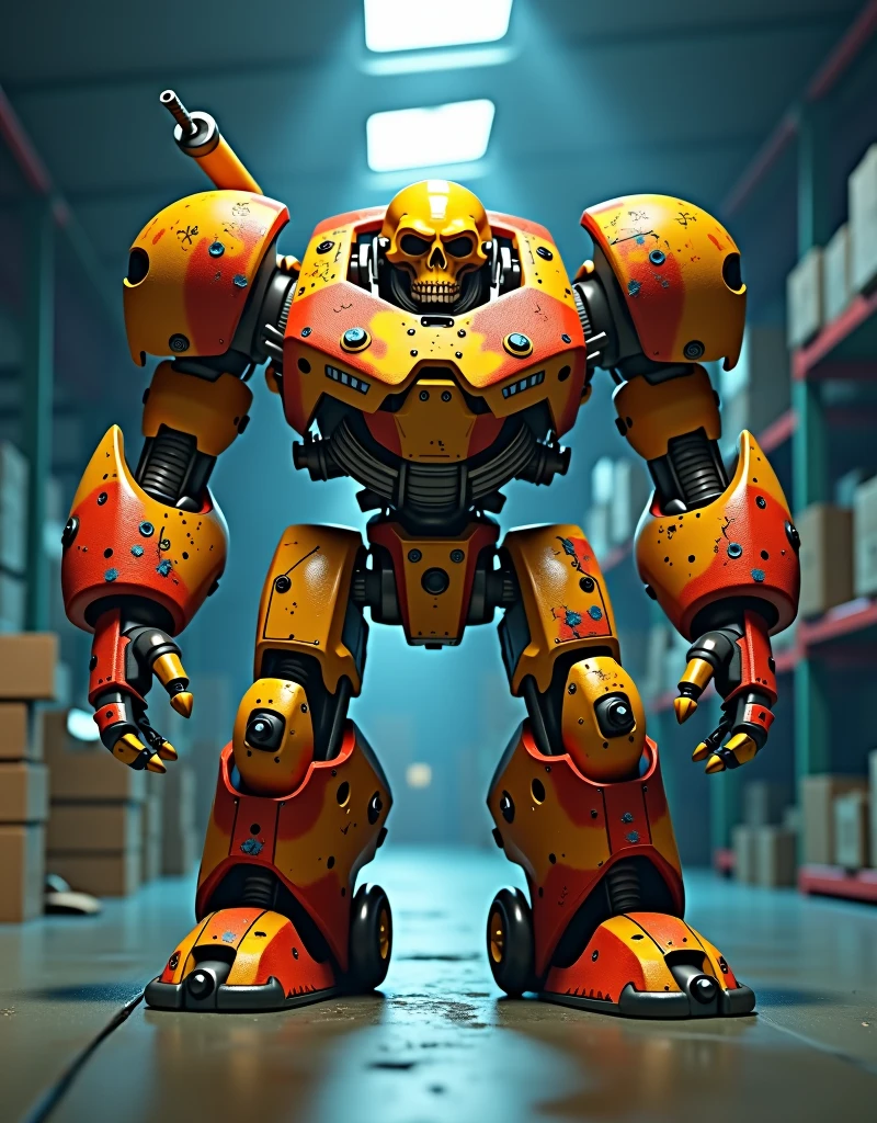 a 3D animation inspired by Pixar's coloration, A combat robot made of iron, composed of large skull shaped head that has two arms, two legs. Predominantly gold with some red acents, it look fierce and in a combat stance, the robot is large and located in a spacious warehouse with dark blue interior, close-up view