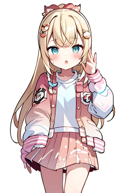 pink letterman jacket, pink long skirt, full body, high quality, run way, White background,