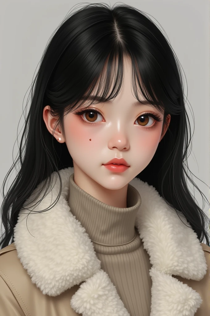Girl with straight black hair , light skinned wears glasses , She has a thin nose, slightly pink lips but not that much, dark brown eyes and curly eyelashes. She wears a polar bear coat, has pronounced cheekbones and a somewhat oval face., He doesn't have slanted eyes, he has 3 moles, one on his nose near the lower part of his lip., near the eye